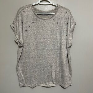 Linda Matthews Blouse 2X Gray Studded Sweater Shirt Short Sleeve Casual Popover